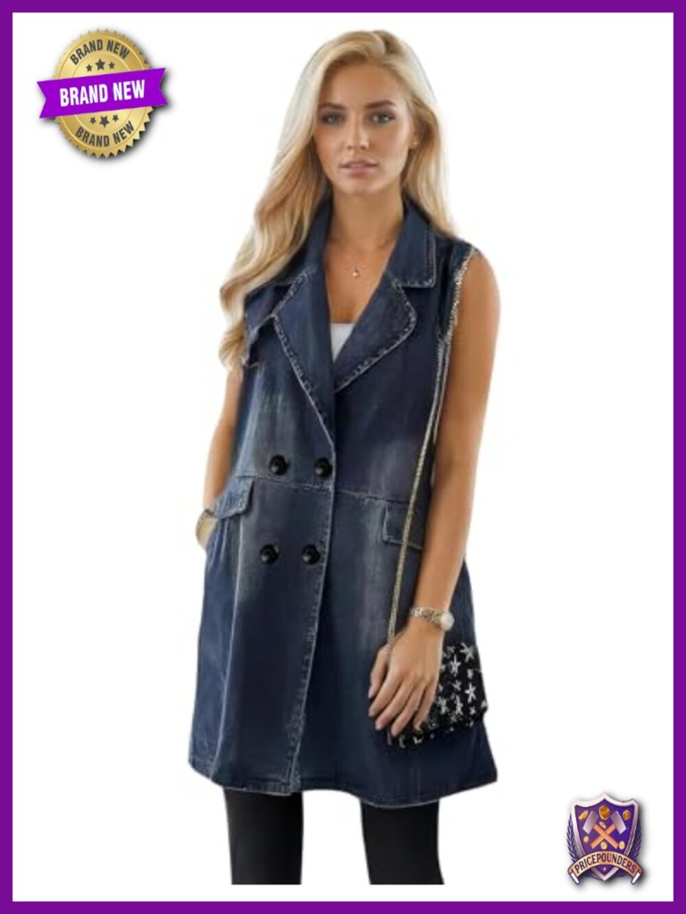 Sleeveless Long Denim Vest Button Down Pockets Distressed Western Layering